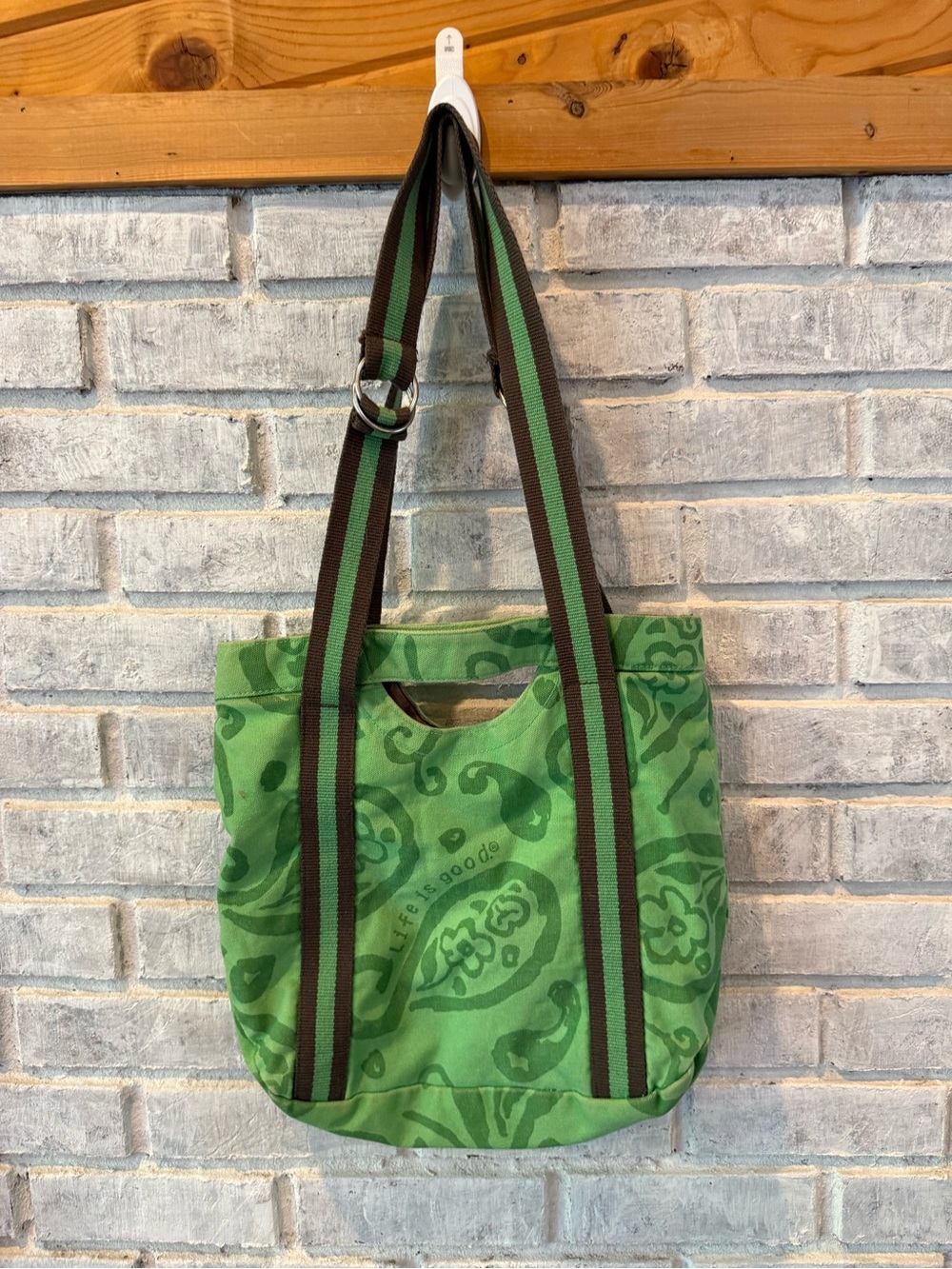 Life is good canvas Green Patterned Tote with Brown-Trim Adjustable Straps